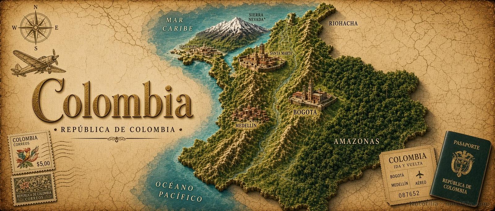 Vintage 3D relief map of Colombia on parchment, with Sierra Nevada, Santa Marta, Riohacha, Medellín and Bogotá, postage stamps, a passport, and the title Colombia