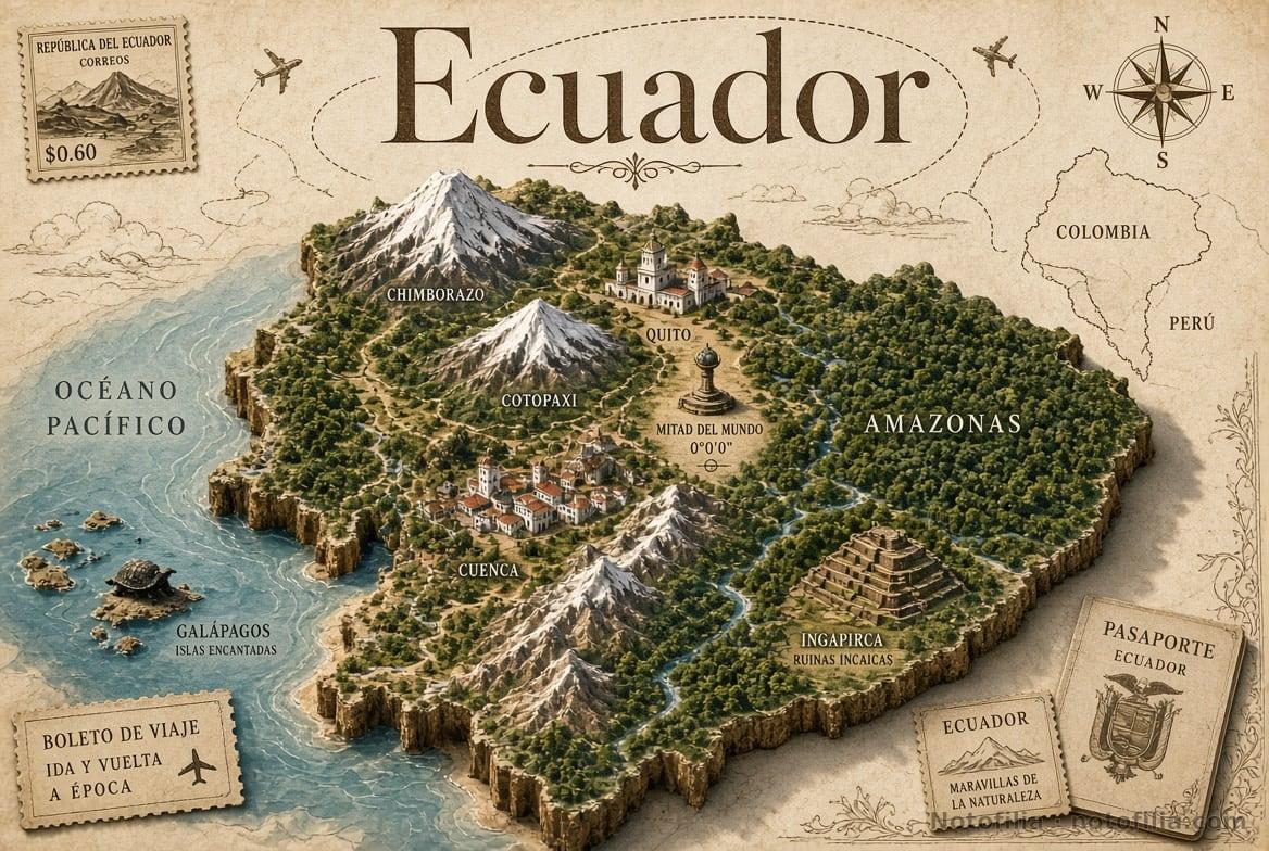 Vintage 3D relief map of Ecuador on parchment, with Chimborazo, Cotopaxi, Quito, the Galápagos Islands, a passport, and the title Ecuador