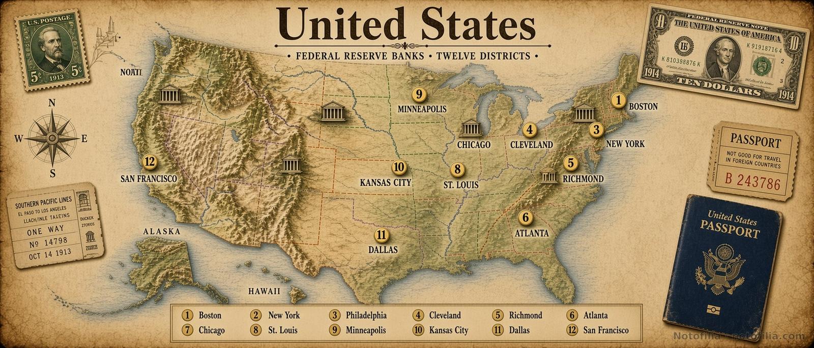 Mapa vintage de Estados Unidos sobre pergamino con los doce distritos de la Reserva Federal, un billete de 10 dólares de 1914, un pasaporte y un sello de 1913