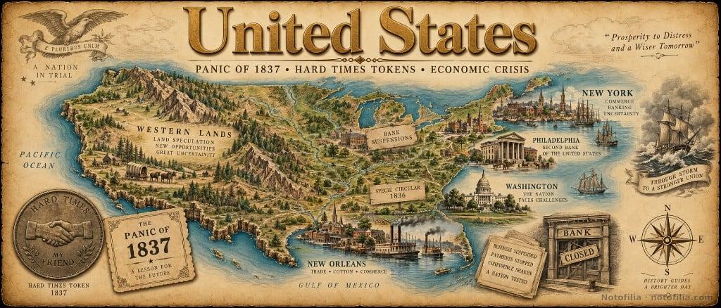 Mapa ilustrado de los Estados Unidos en el Pánico de 1837: tierras del Oeste, Filadelfia, Nueva Orleans y una ficha Hard Times de 1837