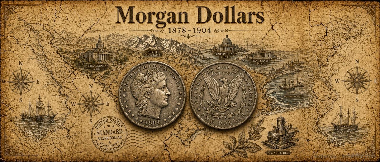 Cartel del dólar Morgan, emisión original 1878–1904: mapa con las cecas de Filadelfia, Carson City, Nueva Orleans y San Francisco, anverso de 1884, reverso con el águila y una prensa de acuñar. Es una ilustración; las leyendas del cartel están en inglés. No es el escaneo de las piezas de la colección.