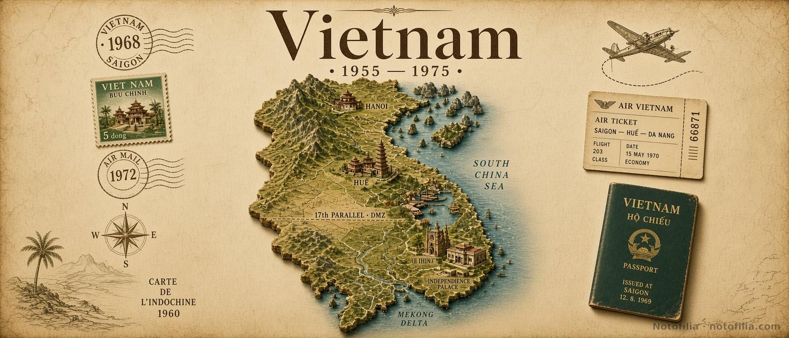 Mapa vintage en relieve 3D de Vietnam sobre pergamino, con Hanói, Huế, el palacio de la Independencia, el delta del Mekong, el paralelo 17, sellos, un billete de Air Vietnam, un pasaporte y el título Vietnam 1955–1975