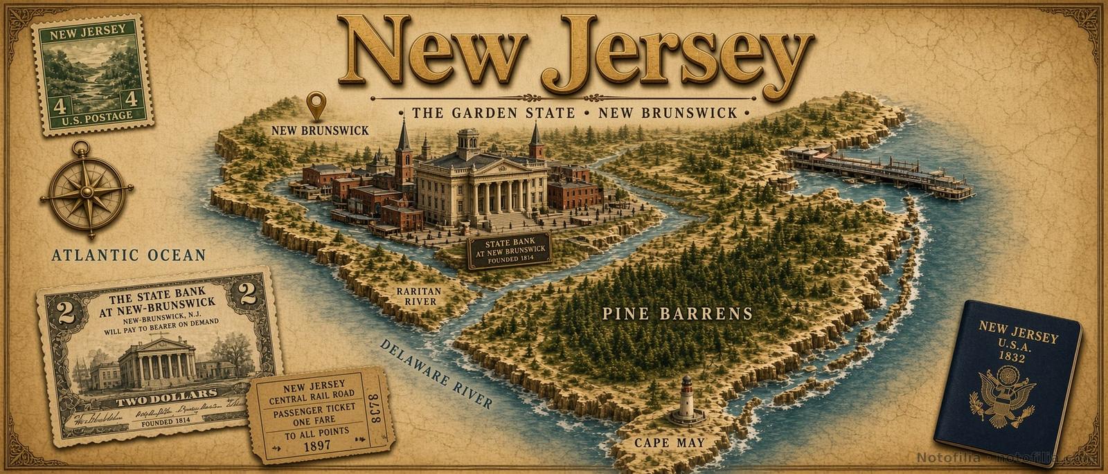 Vintage 3D relief map of New Jersey on parchment, with the State Bank at New Brunswick, an obsolete banknote, a passport, and the title New Jersey