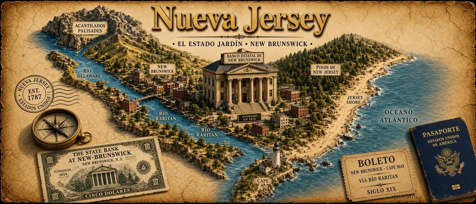 Mapa vintage en relieve 3D de Nueva Jersey sobre pergamino, con el Banco Estatal de New Brunswick, un billete obsoleto, un pasaporte y el título Nueva Jersey