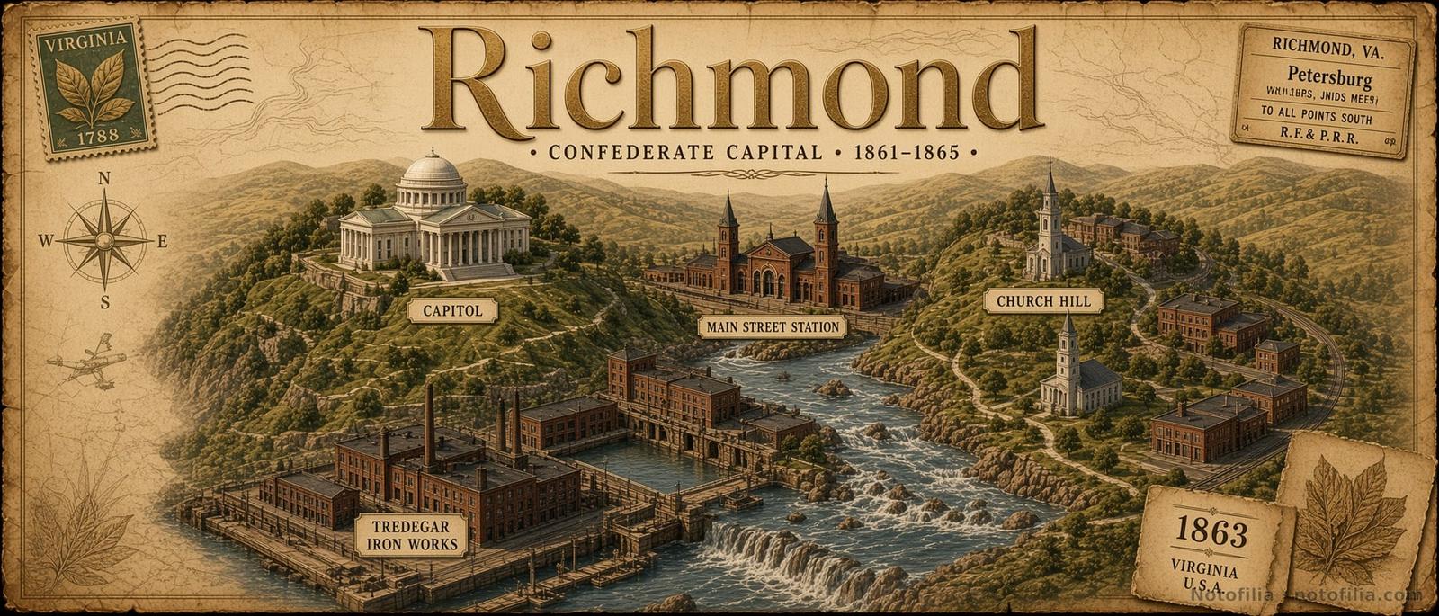 Ilustración vintage de Richmond sobre pergamino, con el Capitolio, Main Street Station, Church Hill, las Tredegar Iron Works y el título Richmond