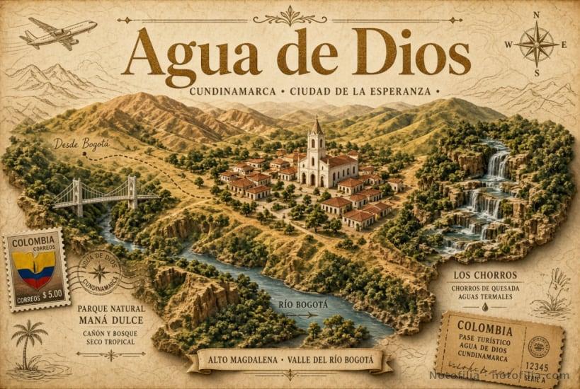 Póster ilustrado vintage de Agua de Dios, Cundinamarca, Ciudad de la Esperanza: pueblo colonial isométrico, catedral, río Bogotá, puente, Los Chorros y sello de Colombia Correos