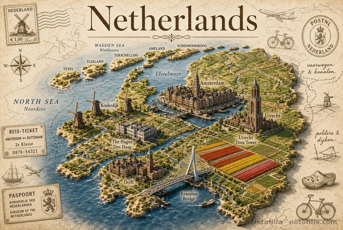 Vintage 3D relief map of the Netherlands on parchment, with Amsterdam, the Utrecht Dom Tower, Kinderdijk, tulip fields, a passport, and the title Netherlands
