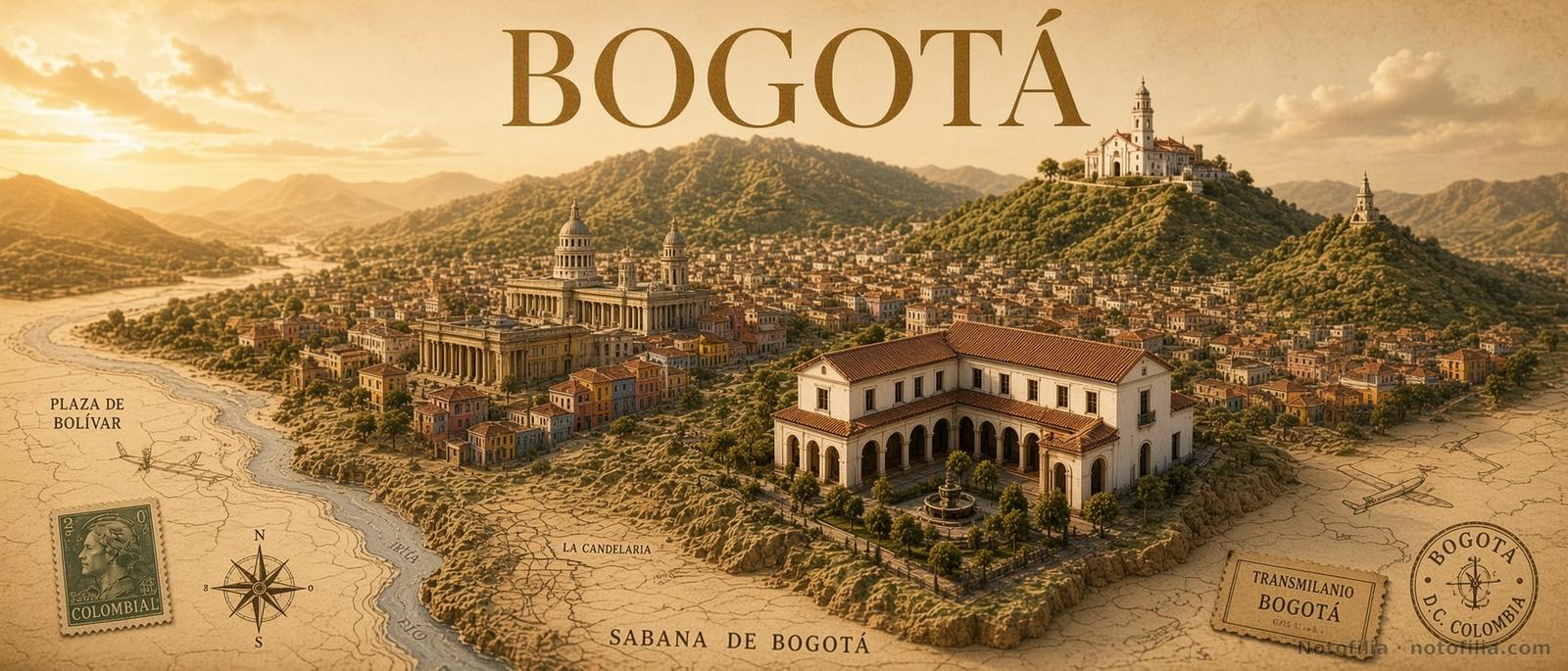 Ilustración vintage en relieve de Bogotá sobre pergamino, con la Plaza de Bolívar, La Candelaria, Monserrate, el río Bogotá y el título Bogotá