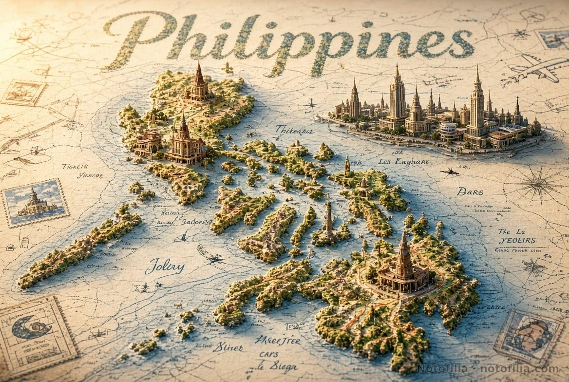 Vintage 3D relief map of the Philippine archipelago on parchment, with green islands, buildings, and the title Philippines in decorative lettering