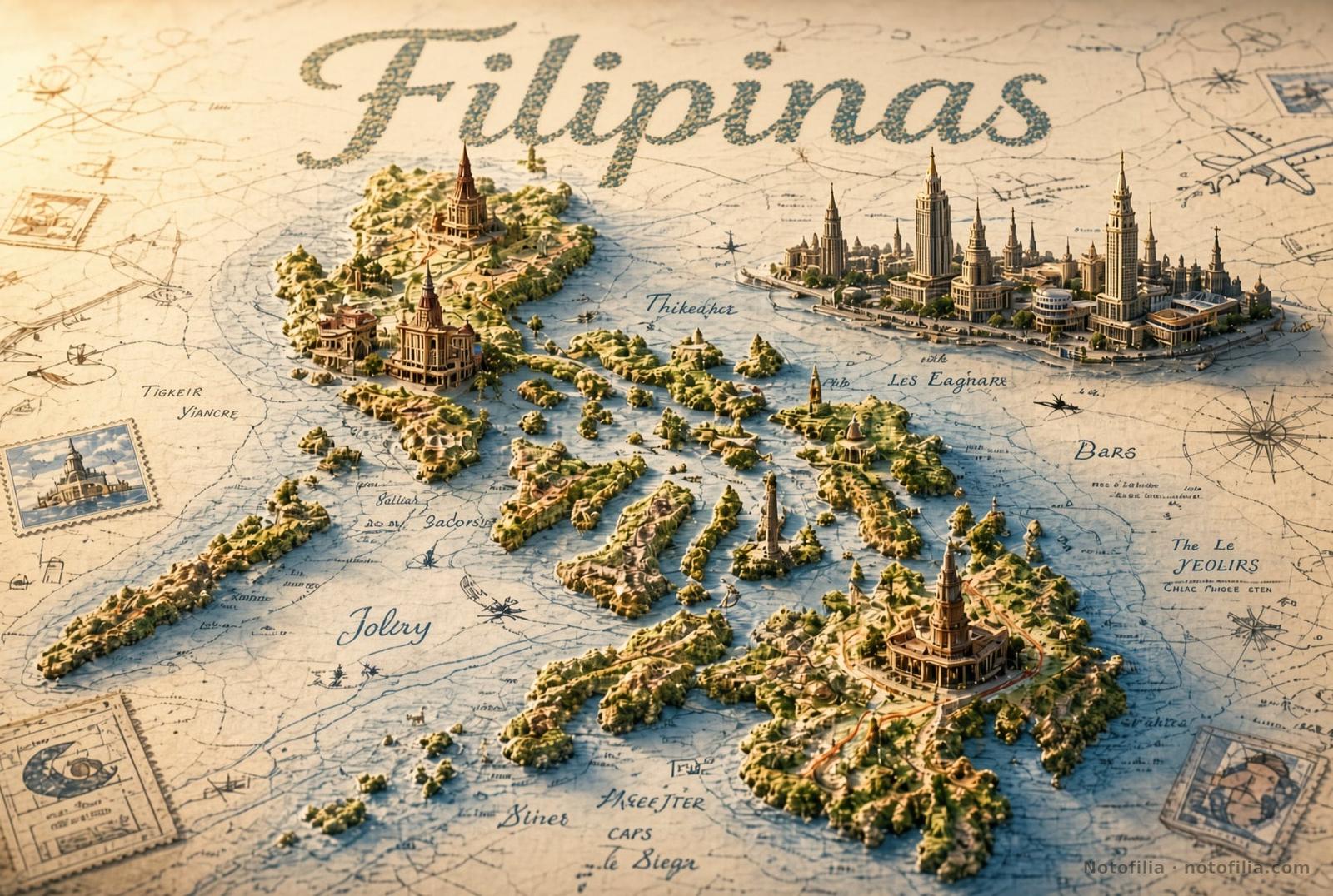 Mapa vintage en relieve 3D del archipiélago filipino sobre pergamino, con islas verdes, edificios y el título Filipinas escrito en caligrafía decorativa