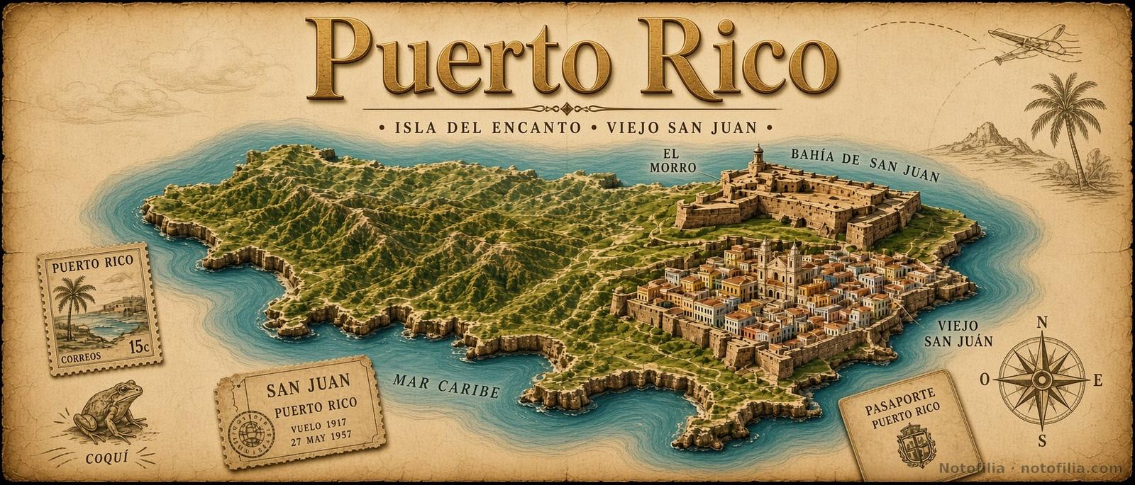 Vintage panoramic 3D relief map of Puerto Rico on parchment, with El Morro, Old San Juan, a coquí, a compass rose, and the title Puerto Rico