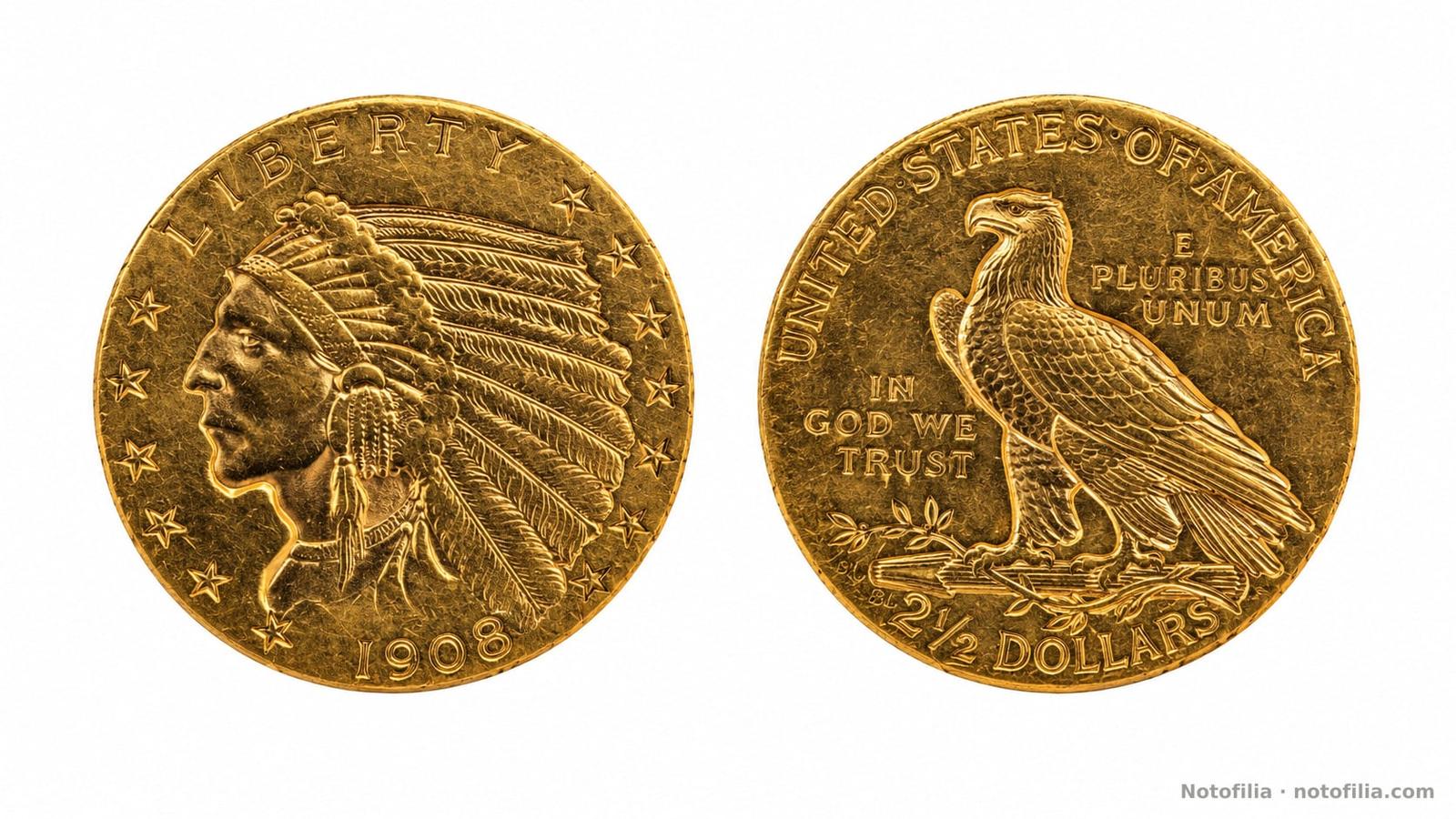 Composite of this collection’s 1908 Indian Head quarter eagle: obverse with a feathered-headdress bust, and reverse with the incuse eagle on arrows and an olive branch. It is the scan of that Philadelphia piece, not a series poster.