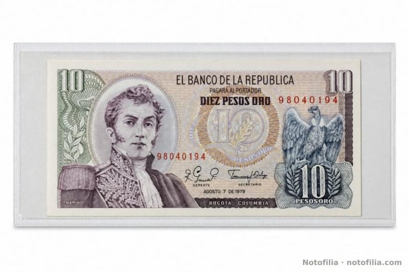 Anverso del 10 pesos oro, Pick 407g: Nariño, cóndor, serial 98040194 y fecha 7 de agosto de 1979.