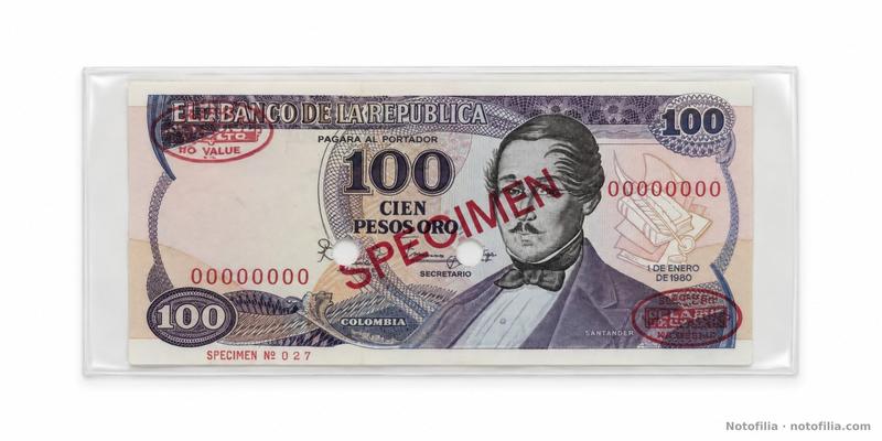 Anverso del 100 pesos oro, Pick 418s: Santander, serial 00000000, SPECIMEN Nº 027 y fecha 1.º de enero de 1980.