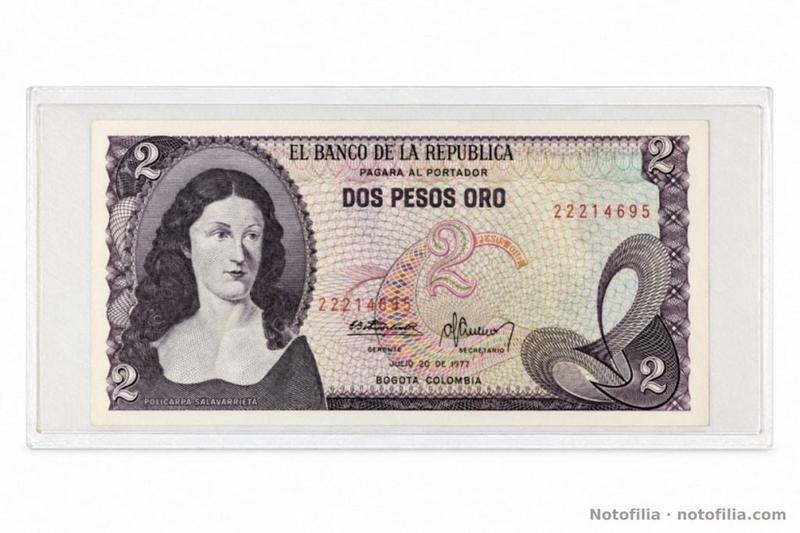 Anverso del 2 pesos oro, Pick 413b: Policarpa Salavarrieta, serial 22214695 y fecha 20 de julio de 1977.