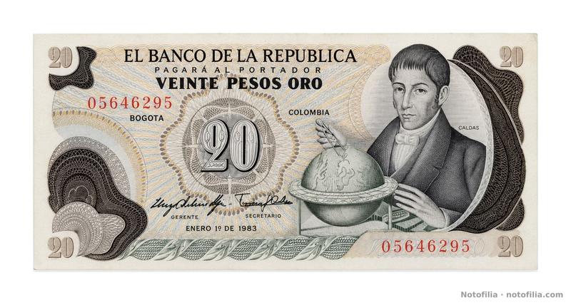 Anverso del 20 pesos oro, Pick 409d: Caldas con el globo, serial 056462955 y fecha 1.º de enero de 1983.