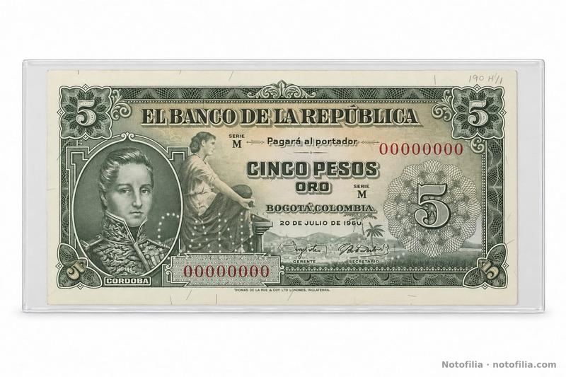 Face of the 1960 5 pesos oro specimen, serial 00000000