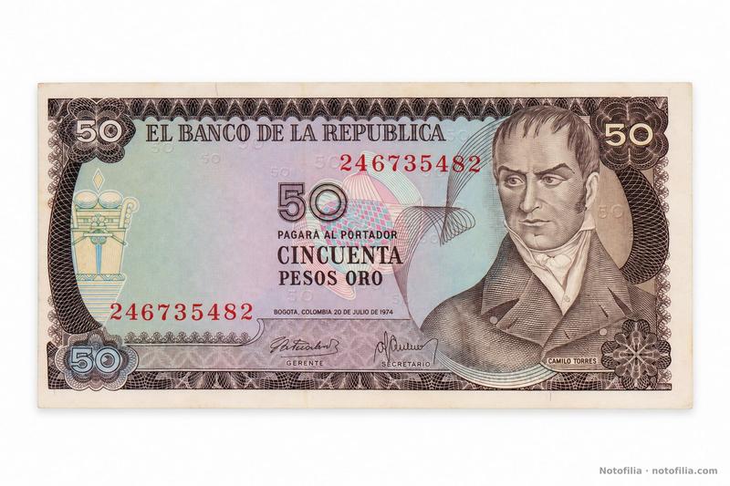 Anverso del 50 pesos oro, Pick 414a: Camilo Torres, serial 2467354822 y fecha 20 de julio de 1974.
