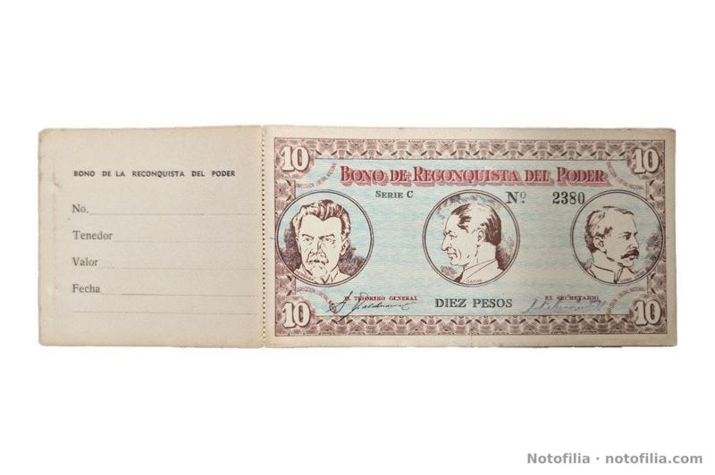 Cuadernillo abierto: a la izquierda el talón, con casillas en blanco para número, tenedor, valor y fecha; a la derecha el anverso del bono de diez pesos, Serie C, N.º 2380, con Herrera, Gaitán y Uribe Uribe.