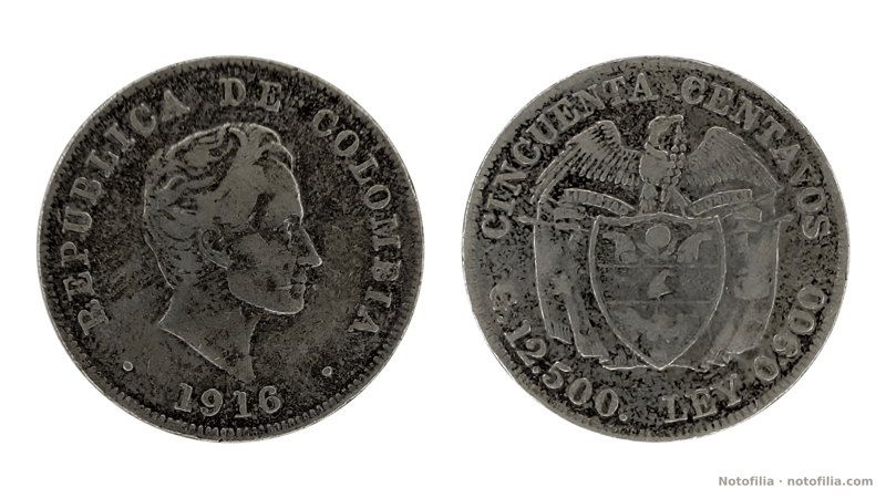 Anverso: busto de Simón Bolívar a la derecha, leyenda REPUBLICA DE COLOMBIA y fecha 1916.