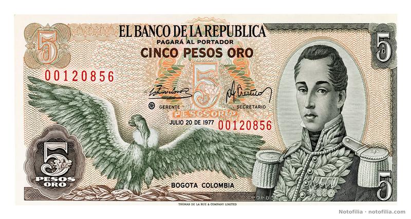 Anverso del 5 pesos oro de reposición, 20 de julio de 1977: cóndor, José María Córdova, serial 00120856 y asterisco en círculo a la izquierda de GERENTE.