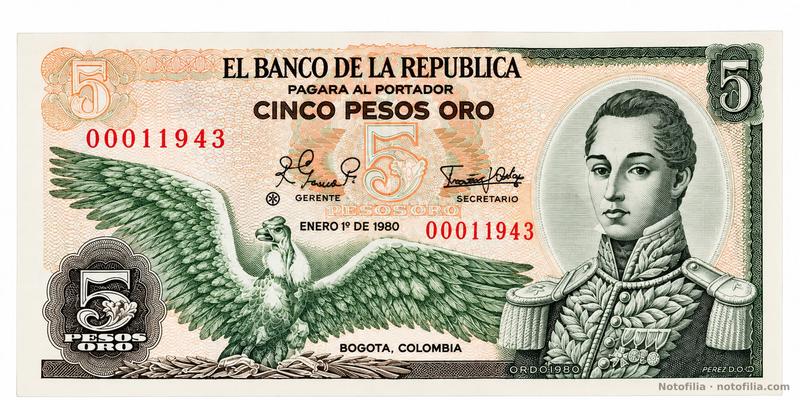 Anverso del 5 pesos oro de reposición, 1.º de enero de 1980: cóndor, José María Córdova, serial 00011943 y asterisco entre las firmas.