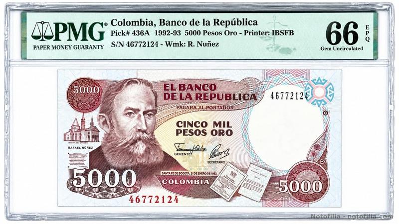 Anverso del 5.000 pesos oro, Pick 436A / TBB B974b, encapsulado PMG 66 Gem Uncirculated EPQ: Rafael Núñez, Ermita del Cabrero, serial 46772124 y fecha 31 de enero de 1992.