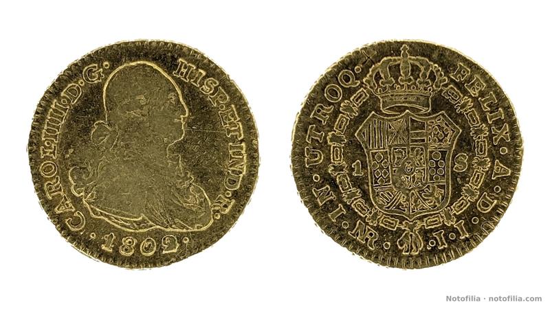 Anverso: busto de Carlos IV a la derecha, leyenda con IIII y fecha 1802.