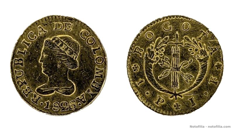 Anverso: busto de la Libertad a la izquierda, ínfula, leyenda REPUBLICA DE COLOMBIA y fecha 1826.