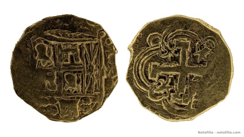 Anverso: escudo coronado sobre cospel irregular; castillos y leones al parecer transpuestos; leyenda incompleta.