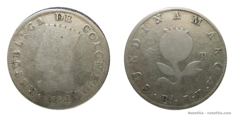 Anverso: busto de la india a la izquierda, leyenda REPUBLICA DE COLOMBIA y fecha 1821.