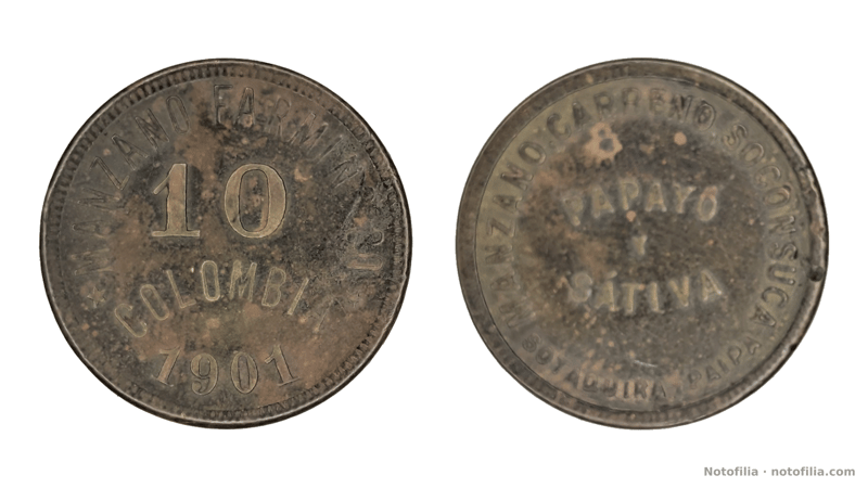 Anverso: MANZANO FARMING CO., el 10, COLOMBIA y 1901, con estrellas y borde dentado.