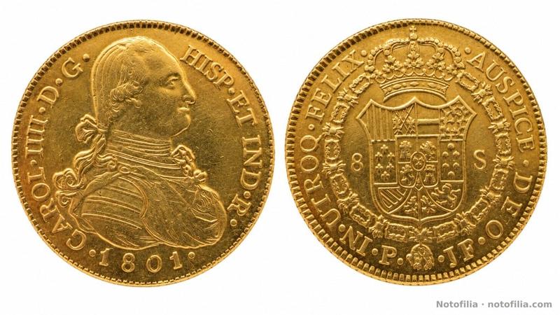 Anverso: busto de Carlos IV a la derecha, leyenda con IIII y fecha 1801.