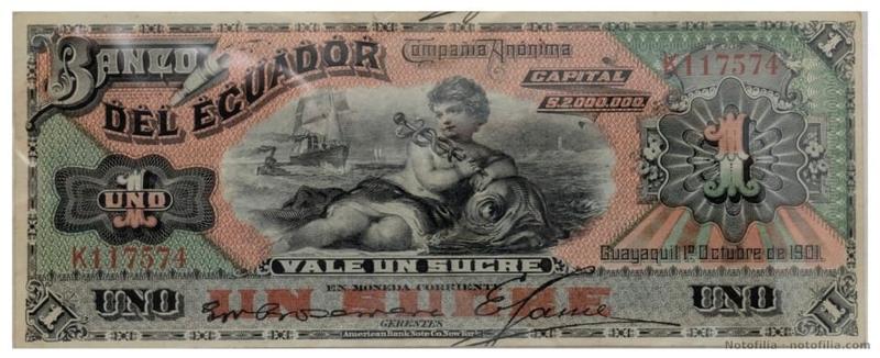 Anverso del 1 sucre P#S151c, serial K117574: niño con caduceo y pez, capital S/. 2.000.000 y fecha de Guayaquil, 1.º de octubre de 1901.