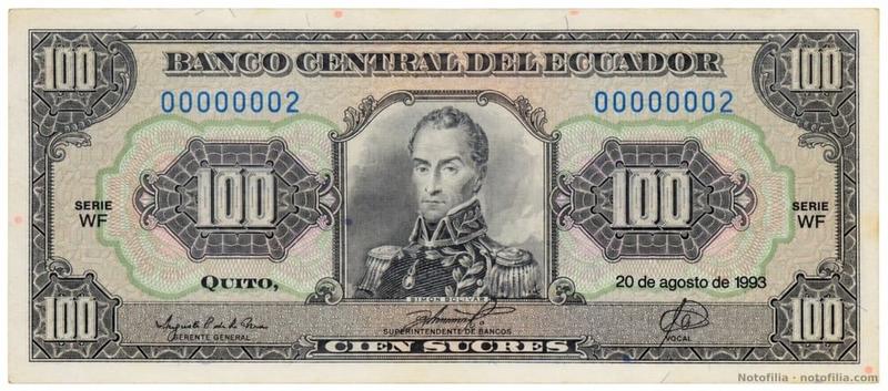 Anverso del 100 sucres P#123Ab, serie WF, serial 00000002: Simón Bolívar, Quito, 20 de agosto de 1993.