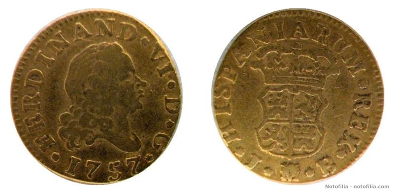 Anverso: busto de Fernando VI a la derecha; FERDINAND · VI · D · G ·; fecha 1757 bajo el retrato.