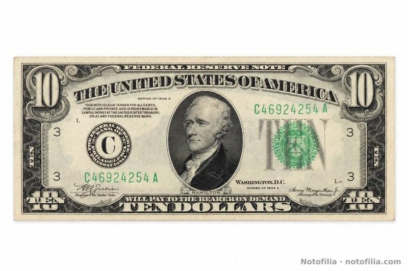 Anverso del 10 dólares, serie 1934 A, distrito de Filadelfia, serial C46924254A: Hamilton, sello verde del Tesoro y plancha L87.
