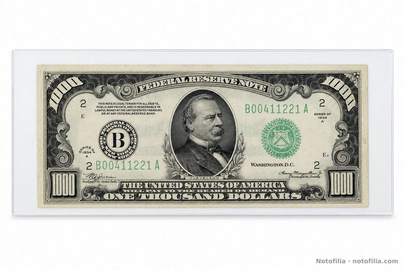 Anverso del 1.000 dólares, serie 1934 A, distrito de Nueva York, serial B00411221A: Cleveland, sello verde del Tesoro y funda rígida.