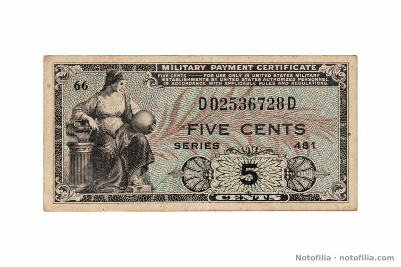 Anverso del 5 centavos, serie 481, serial D02536728D: alegoría sentada, globo, FIVE CENTS y el 66 de pliego.