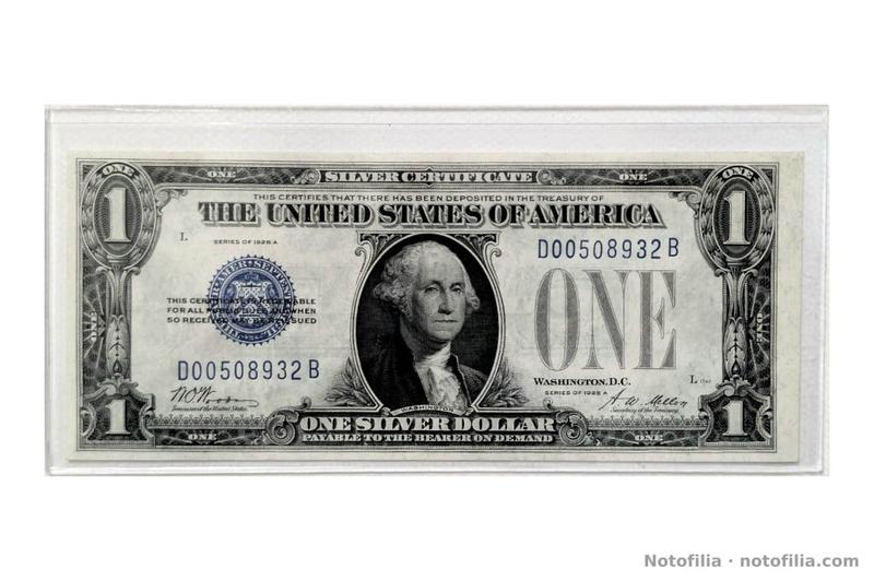 Anverso del 1 dólar certificado de plata serie 1928 A, serial D00508932B: Washington, sello azul del Tesoro, posición L y plancha 1740.