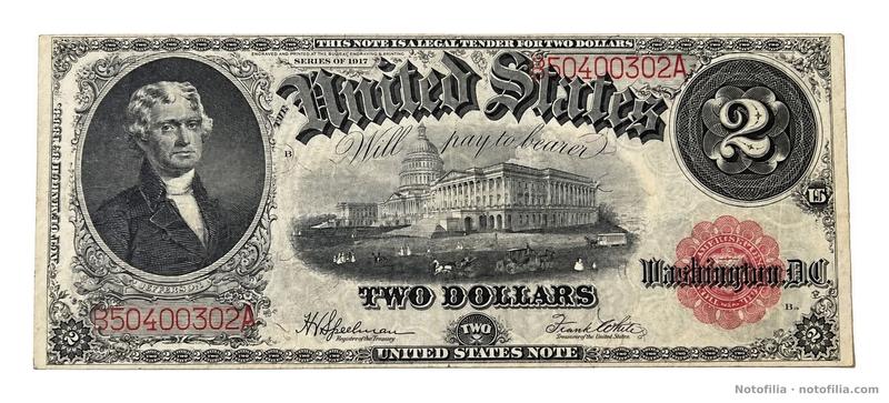 Anverso del 2 dólares United States Note, serie 1917, Fr. 60, serial B50400302A: Jefferson, el Capitolio y sello rojo festoneado.