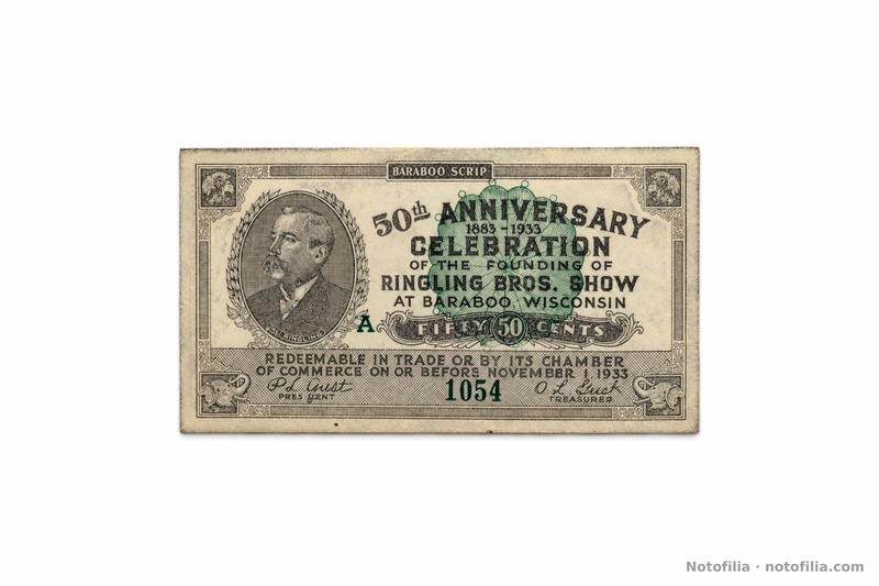 Anverso del 50¢ de Baraboo, Mitchell/Shafer WI100-.50, serie A, serial 1054: retrato de A. C. Ringling, 50th ANNIVERSARY 1883–1933 y FIFTY CENTS.