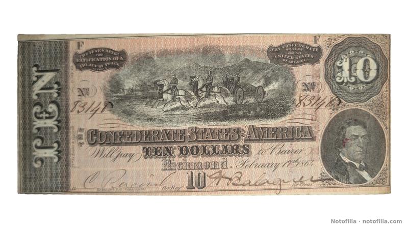 Anverso del 10 dólares confederado, T-68, 17 de febrero de 1864, serial 83148, 9.ª serie, plancha F: tiro de caballos con un cañón y retrato de Hunter.