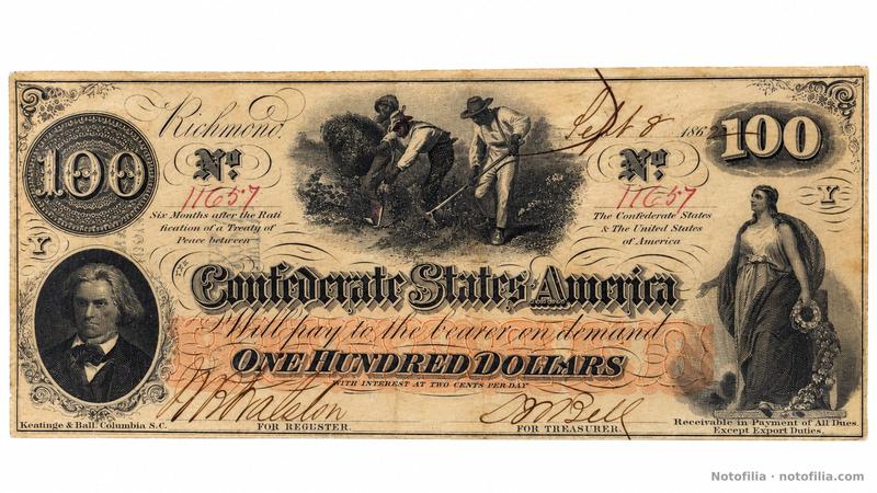 Anverso del 100 dólares confederado, T-41, Richmond, 8 de septiembre de 1862, serial 11657, plancha L: Calhoun, personas esclavizadas en un campo de algodón y figura alegórica.
