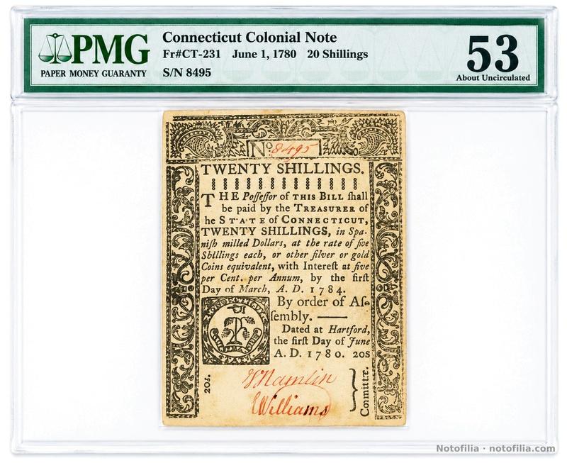 Anverso encapsulado de los 20 chelines de Connecticut, Fr. CT-231, 1 de junio de 1780: tres vides, serial manuscrito 8495 y etiqueta PMG 53.