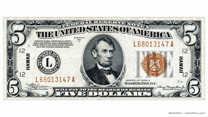Anverso del 5 dólares HAWAII serie 1934 A, serial L68013147A: Lincoln, sello marrón, HAWAII en los márgenes, distrito L / 12 y plancha C79.