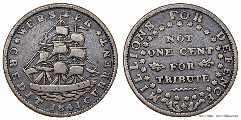 Anverso: velero CONSTITUTION; WEBSTER CREDIT 1841 CURRENT.