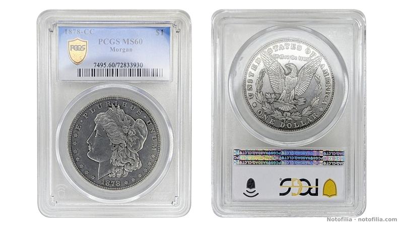 Anverso encapsulado: Libertad a la izquierda, fecha 1878; etiqueta PCGS MS60, 7495.60/72833930.