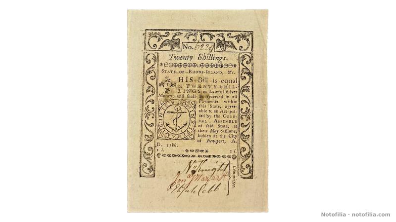 Anverso de los 20 chelines de Rhode Island, Fr. RI-298, mayo de 1786: ancla con DOMINE SPERAMUS IN TE y serial manuscrito 6229.