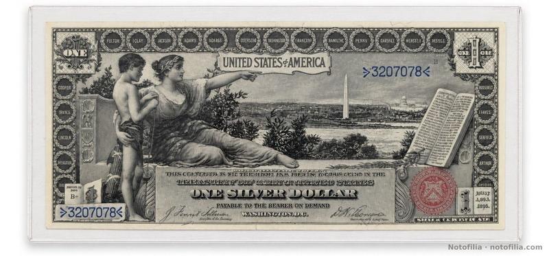 Anverso del 1 dólar certificado de plata, serie de 1896, serial B3207078: History Instructing Youth, sello rojo del Tesoro y firmas Tillman–Morgan, en funda.
